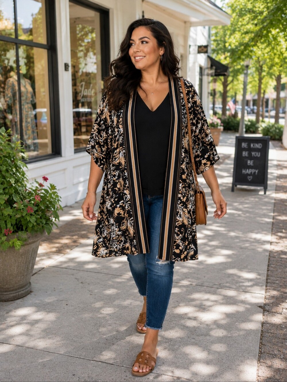 Maurices Black Floral Kimono with Tan Accents